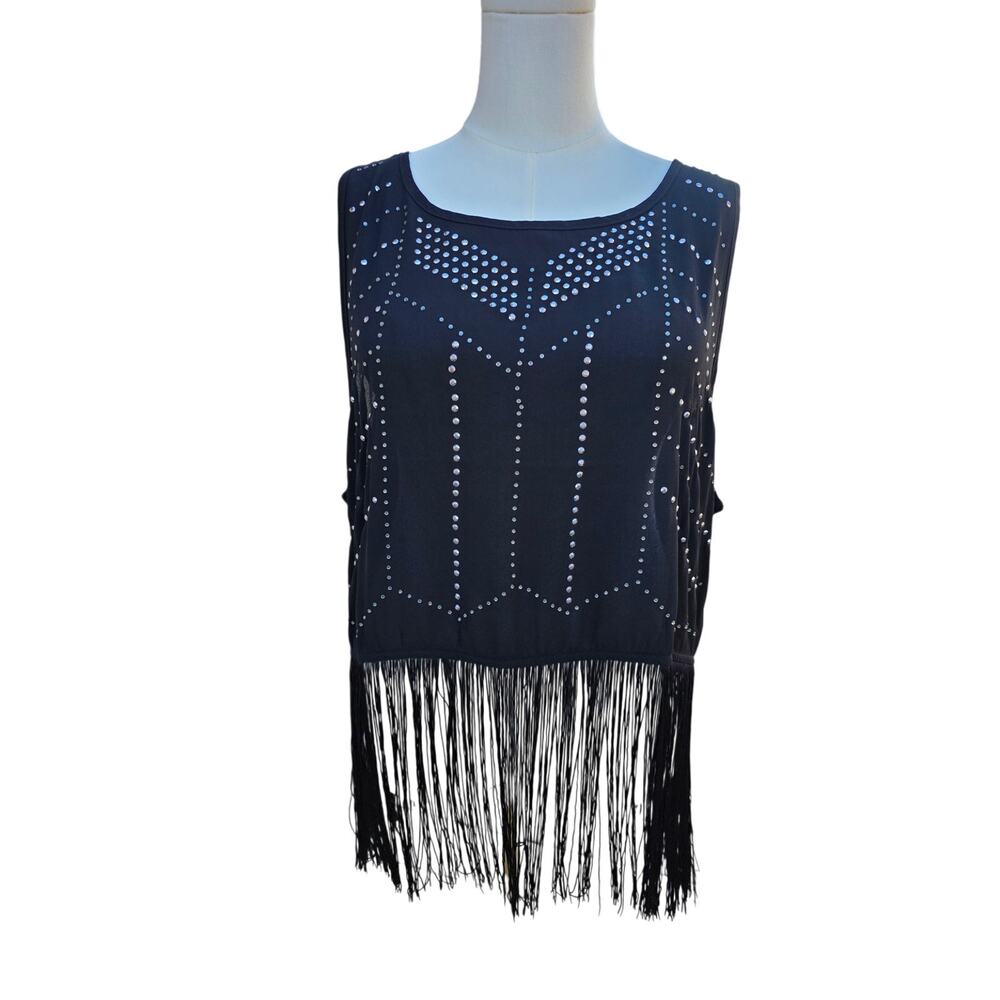 Iris Los Angeles 2X Black Rhinestone Fringe Top NWT Sleeveless Festival Western
